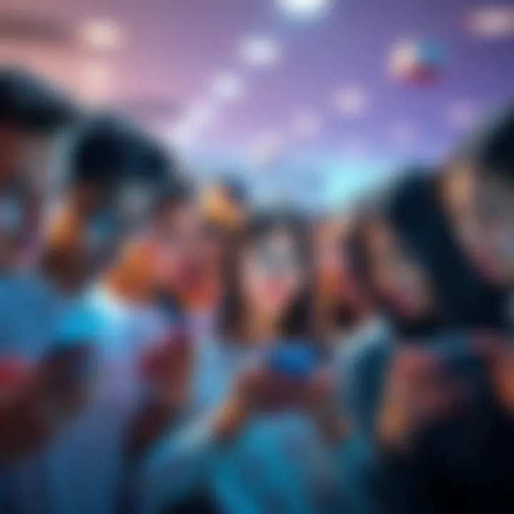 A group of diverse people looking at their phones with mixed expressions of worry and excitement, reflecting the emotional highs and lows of Ethereum trading.