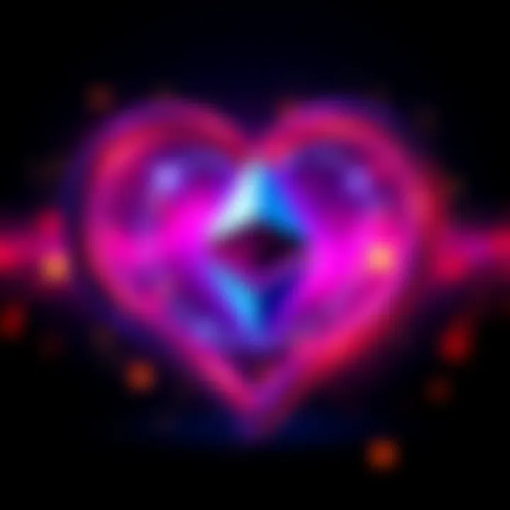 A vibrant Ethereum logo surrounded by a heart shape, symbolizing love and support from the community.