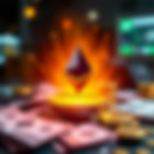 A graphic showing the Ethereum logo with cash and digital payment symbols, representing businesses accepting ETH payments.