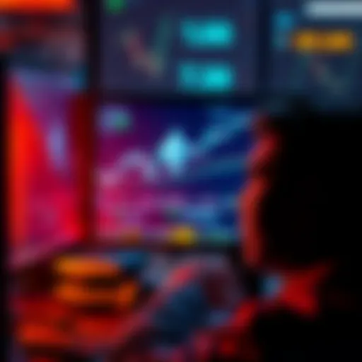 A person looking at a computer screen with Ethereum graphics, contemplating investment choices as the price moves towards $10,000.