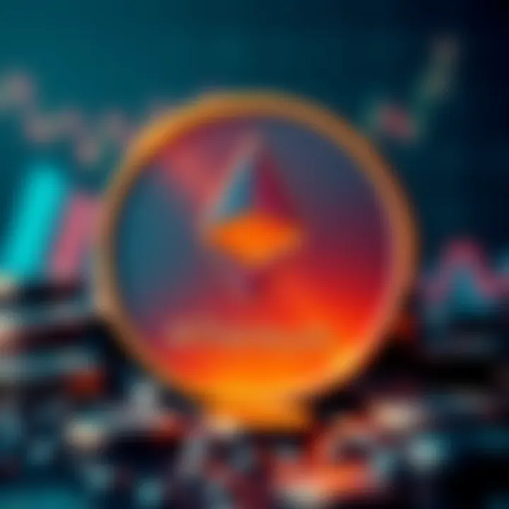 Ethereum coin with upward trending graph in the background