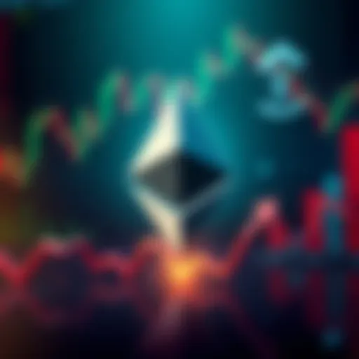 A graphic representation of Ethereum's logo with upward trending arrows, symbolizing potential price increase, against a backdrop of financial charts.