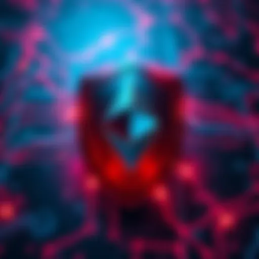 A visual representation of Ethereum's blockchain with a shield symbolizing security against hacking efforts.