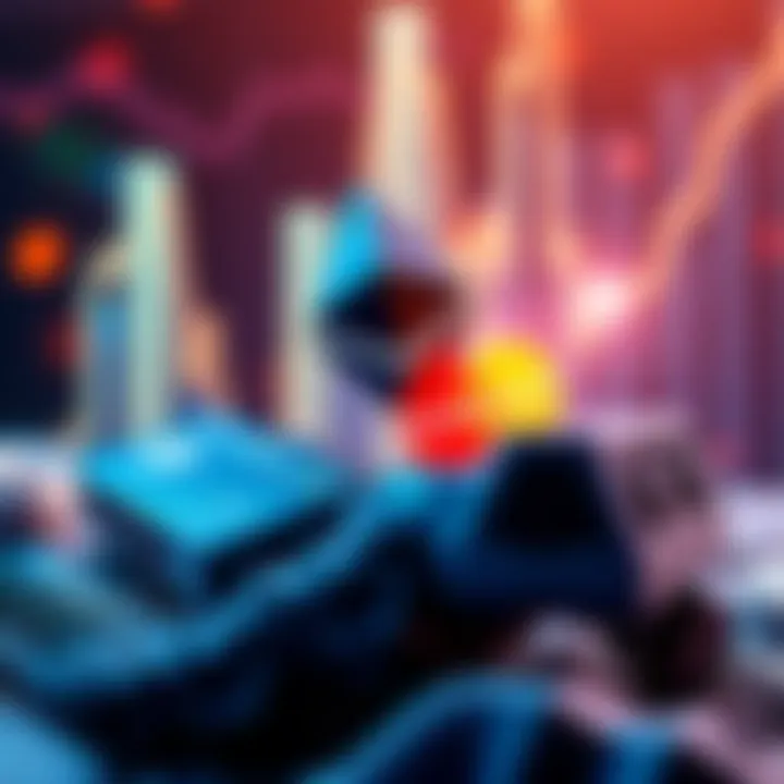 Ethereum logo rising above MasterCard logo with a graph showing upward trend in cryptocurrency market