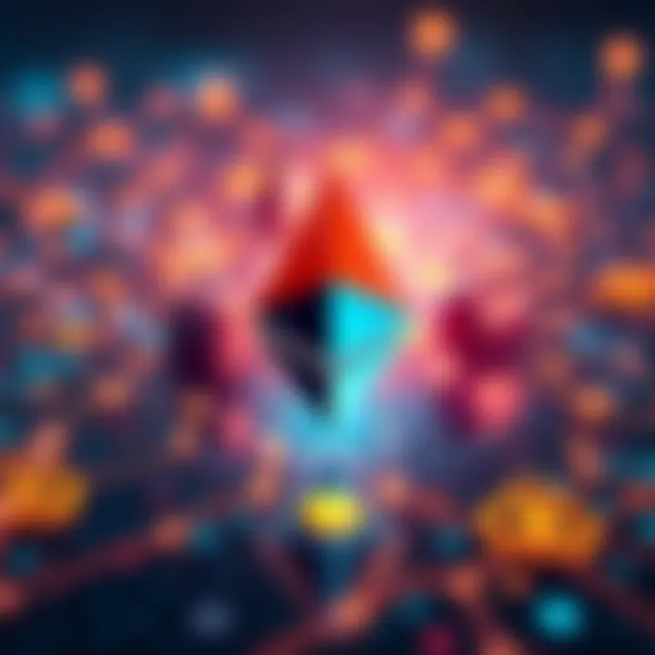 A digital representation of Ethereum's blockchain technology with symbols for security and scalability.