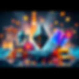 A visual representation of Ethereum tokenization, showing various real-world assets like buildings, vehicles, and currencies being transformed into digital tokens on a blockchain.