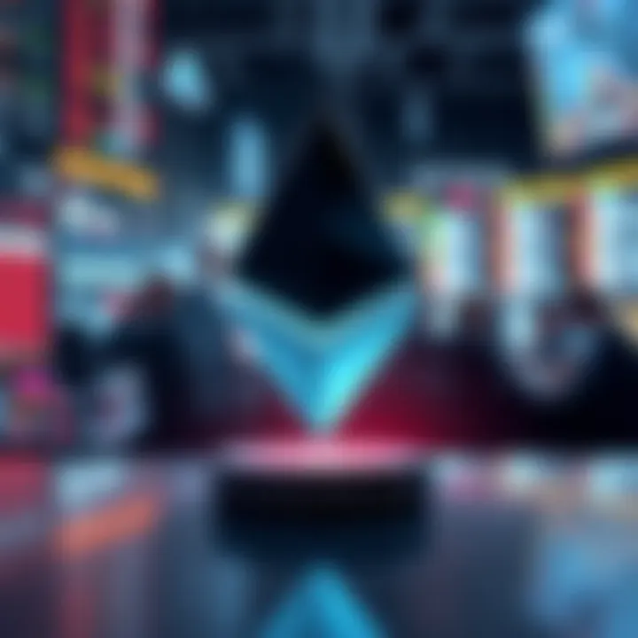 Illustration of Ethereum symbol with traders in the background, showcasing market activity and strategic buying during conflict.