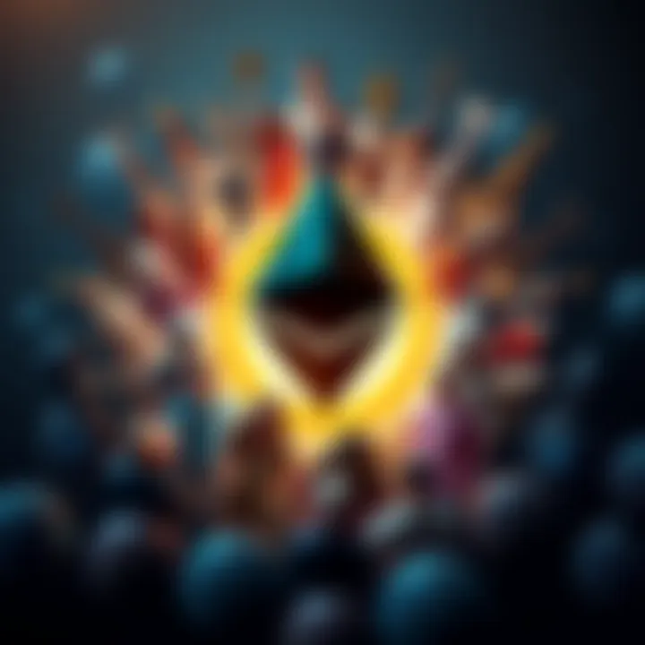 Graphic showing Ethereum logo surrounded by diverse validators symbolizing decentralization and security