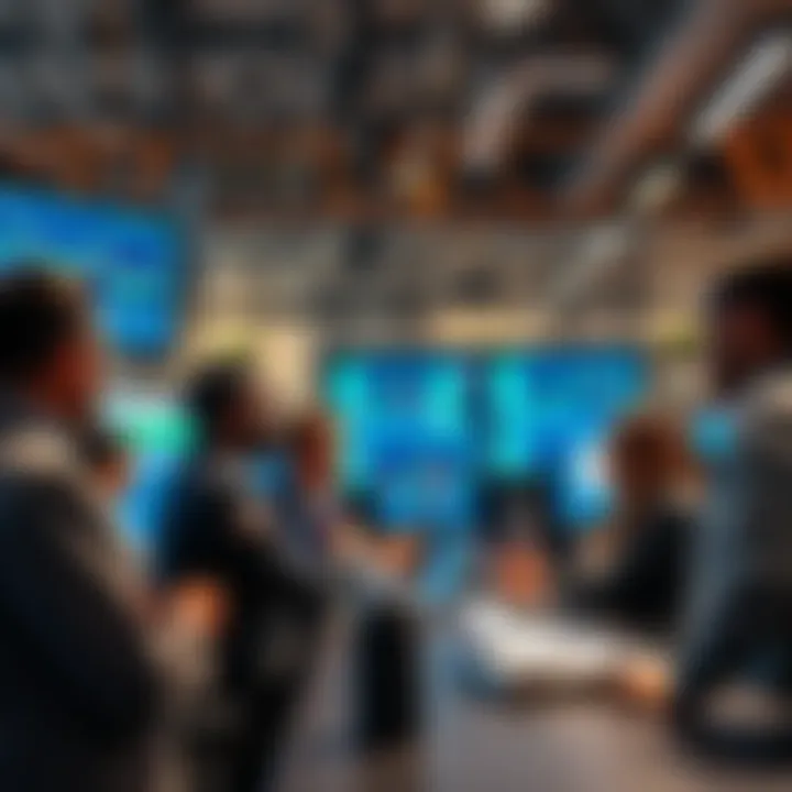 A group of diverse traders discussing ethical market making strategies in a modern office setting, with charts and data on screens around them.