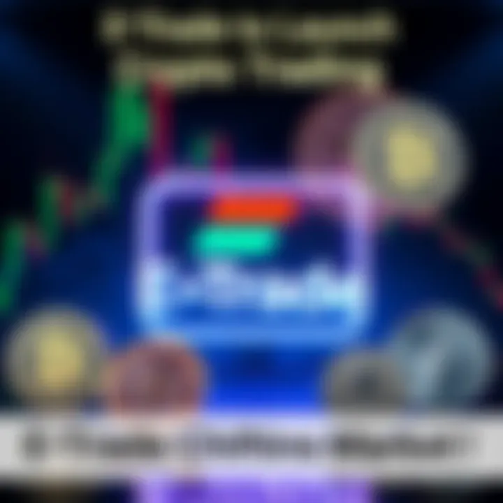 Graphic showing E*Trade logo with cryptocurrency symbols like Bitcoin and Ethereum, indicating the launch of crypto trading services.