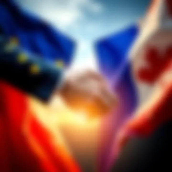 EU and Canada Partnership EU and Canada flags with handshake symbolizing trade and security partnership