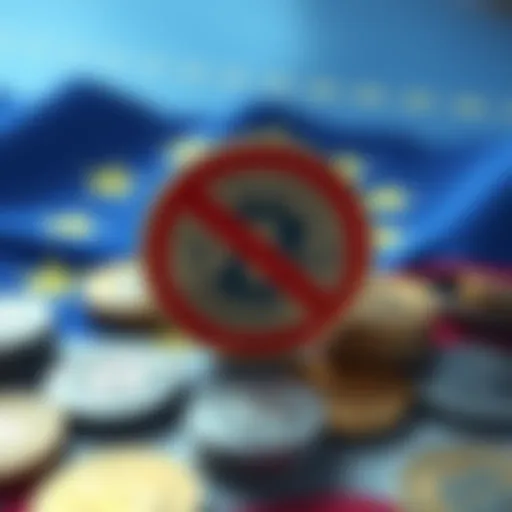 A graphic depicting a ban symbol over cryptocurrency icons, with European Union flag elements in the background.