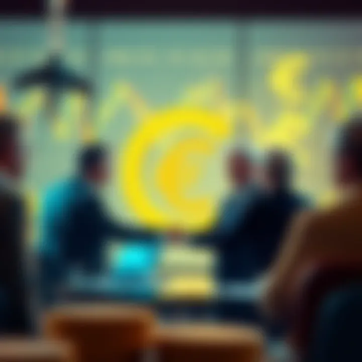 Group of European bankers discussing the creation of a new stablecoin tied to the euro, with financial charts and euro symbols in the background