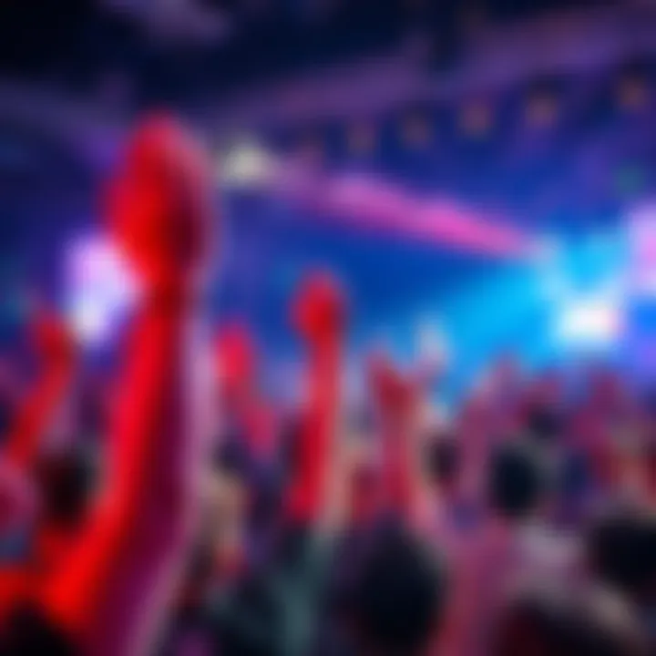 A lively crowd raises their hands in excitement for a round event, showcasing enthusiasm and energy.
