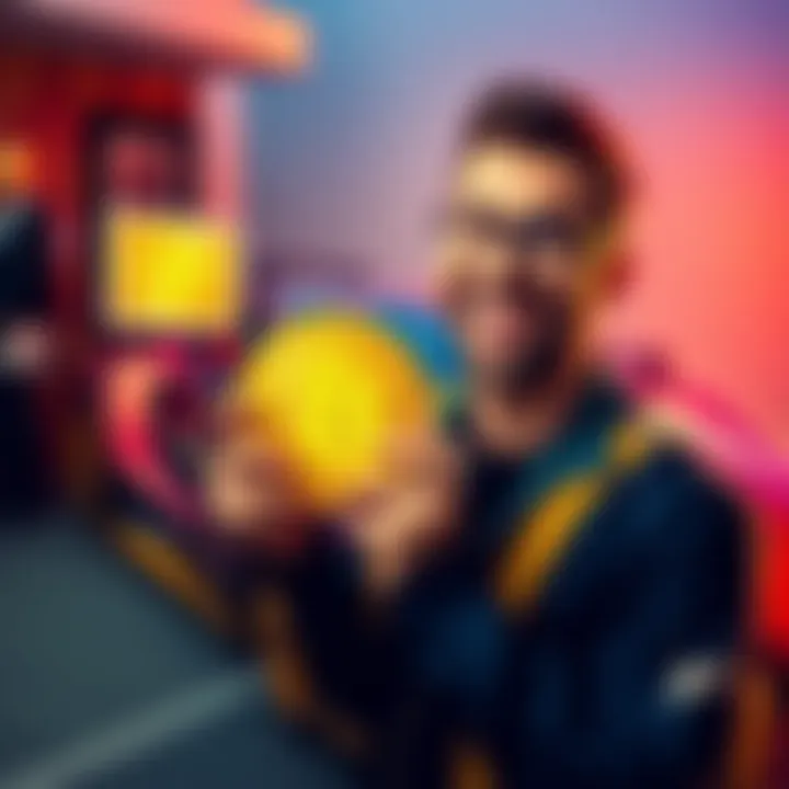 A person smiling while holding a Bitcoin symbol, imagining buying a luxury car, with a Lambo in the background