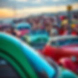 A crowd enjoying the '26 Rev event in Monterey Bay, featuring colorful cars and smiling faces after a long wait