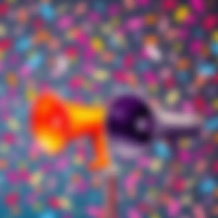 Exciting Announcements Coming Soon Two vibrant megaphones signaling upcoming announcements with colorful confetti in the background