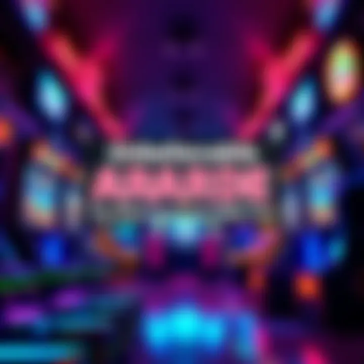 A vibrant arcade with flashing lights and games showcasing a big deal announcement banner