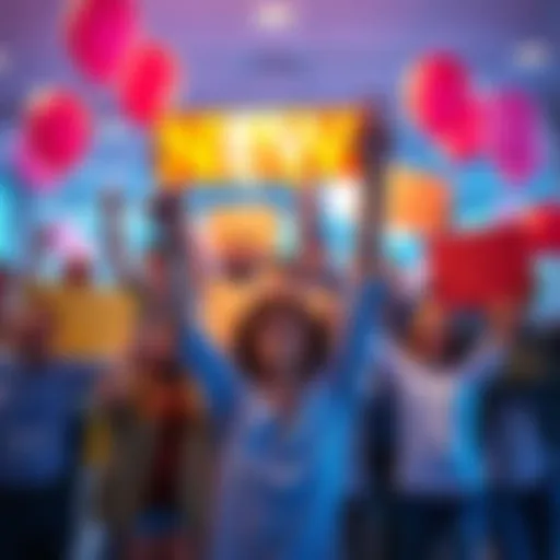 A team of people celebrating a return with bright signs and balloons, conveying joy and engagement.