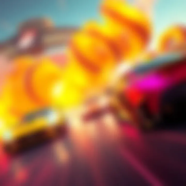 A thrilling scene from a racing game featuring cars racing on a track with vibrant colors and dynamic motion.