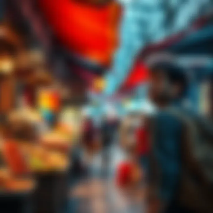 Exciting Travel Experiences A traveler exploring a vibrant city market with colorful stalls and local food.