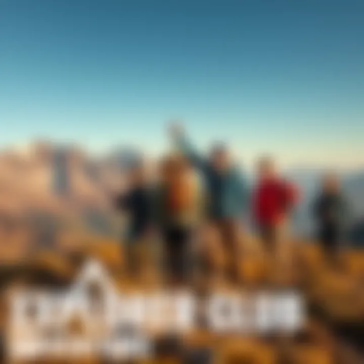 A group of adventurers enjoying a mountain hike, featuring diverse backgrounds and gear, symbolizing the community of the Explorer Club.