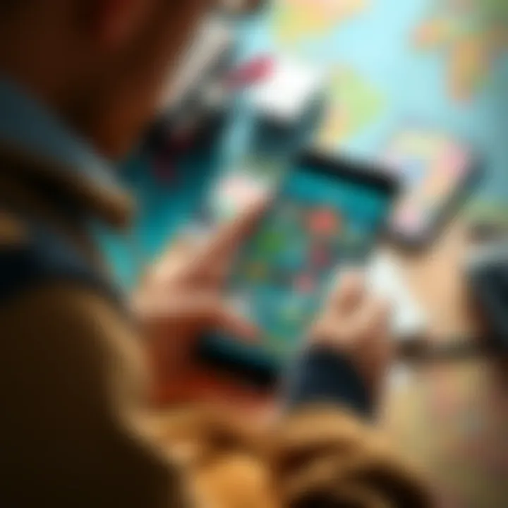 A person reviewing Adventure Badges on a mobile device with travel items around them, considering joining a club for badges before a trip.