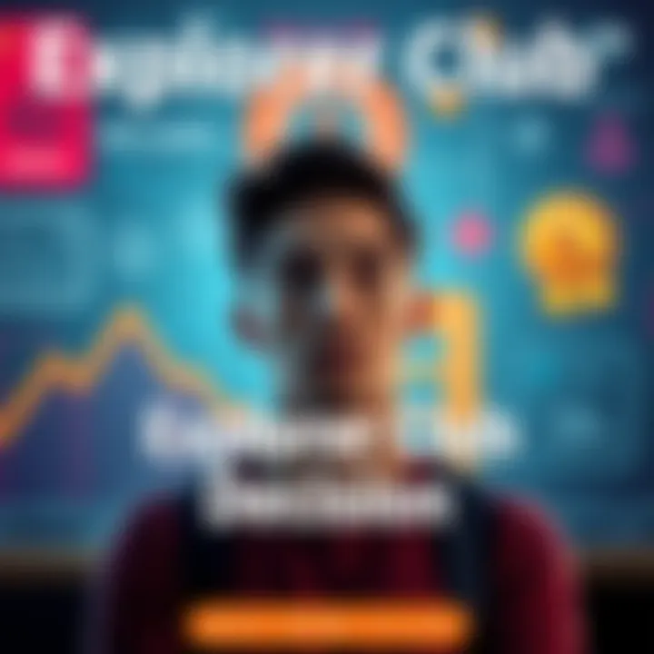 A person pondering the choice of joining the Explorer Club, with a background showing milestones and bonus icons, symbolizing rewards and benefits of membership.