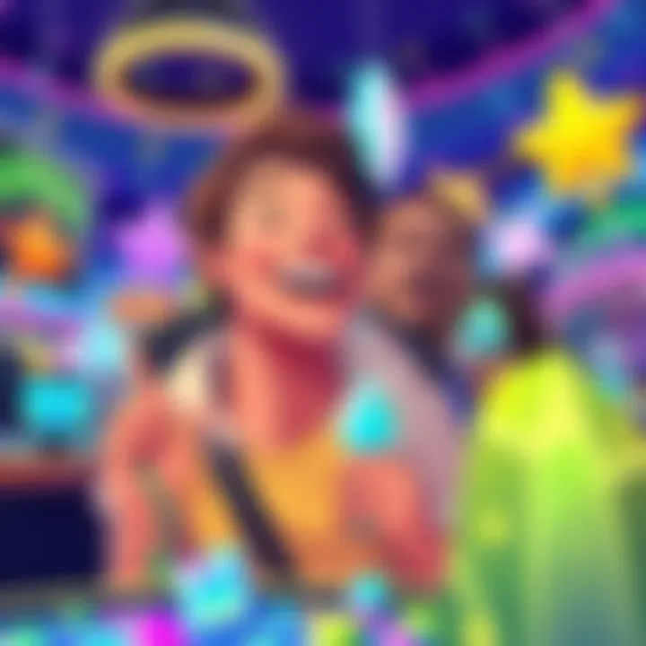 Illustration of a happy person enjoying Explorer Club perks, including daily rewards and gem collections, in a colorful gaming environment.