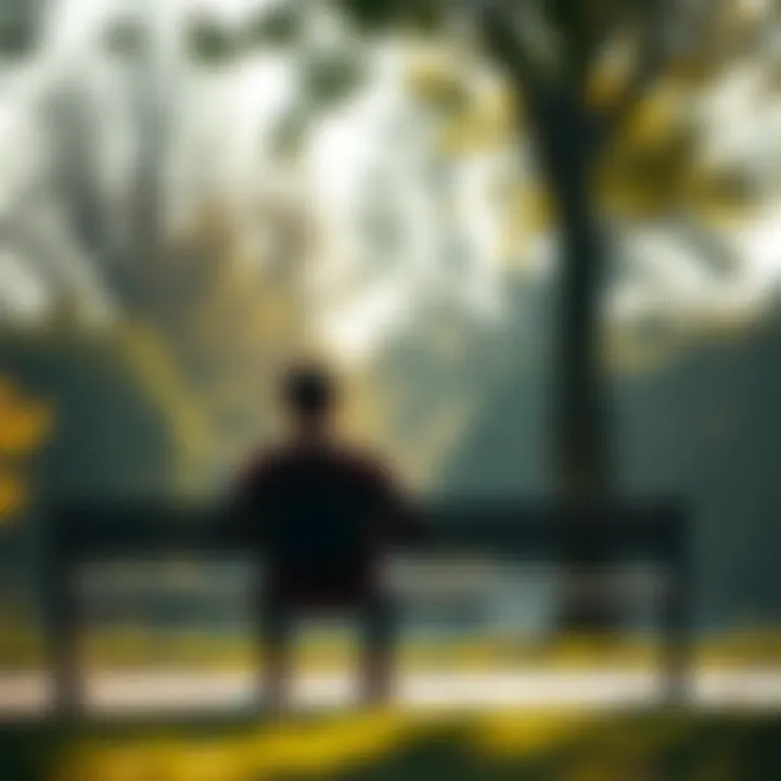 A person sitting on a park bench, reflecting on their surroundings and deep thoughts, with a tranquil background of trees and sunlight.