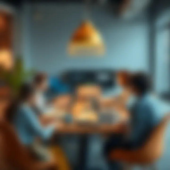 A group of people discussing important themes around a table with notebooks and laptops.