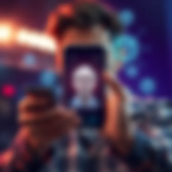 A person holding a smartphone with a facial recognition interface, showing a worried expression, surrounded by digital security icons