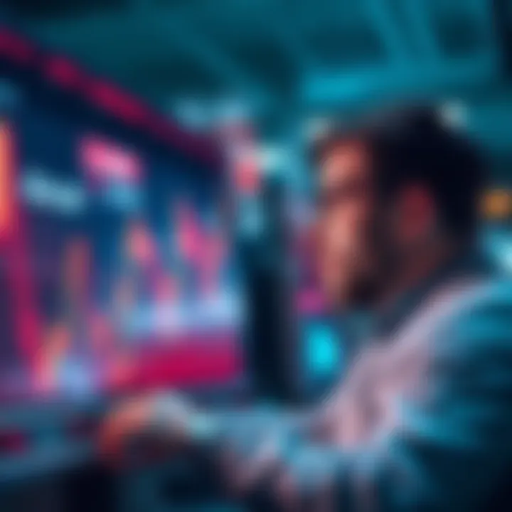 A stock market graph showing a downward trend with worried investors looking at their screens.