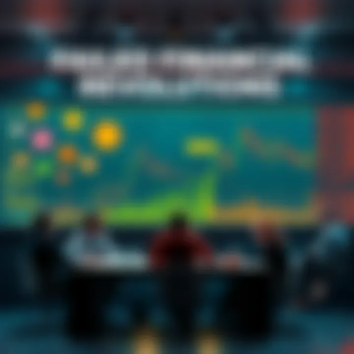 Failed Financial Revolutions A visual representation of various failed cryptocurrencies and financial trends, with charts showing declines and people discussing at a table.