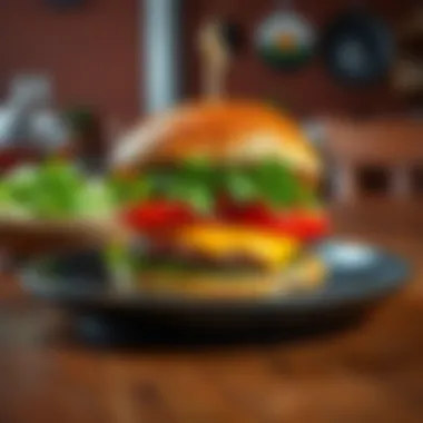 Delicious Burger on a Plate A mouthwatering burger with lettuce, tomato, and cheese served on a wooden table.