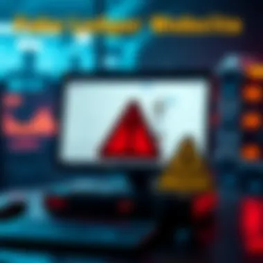 Fake Ledger Website A computer screen displaying the fake ledger website that appears above the original site in a search engine results page. A warning sign is shown alerting people to be cautious.