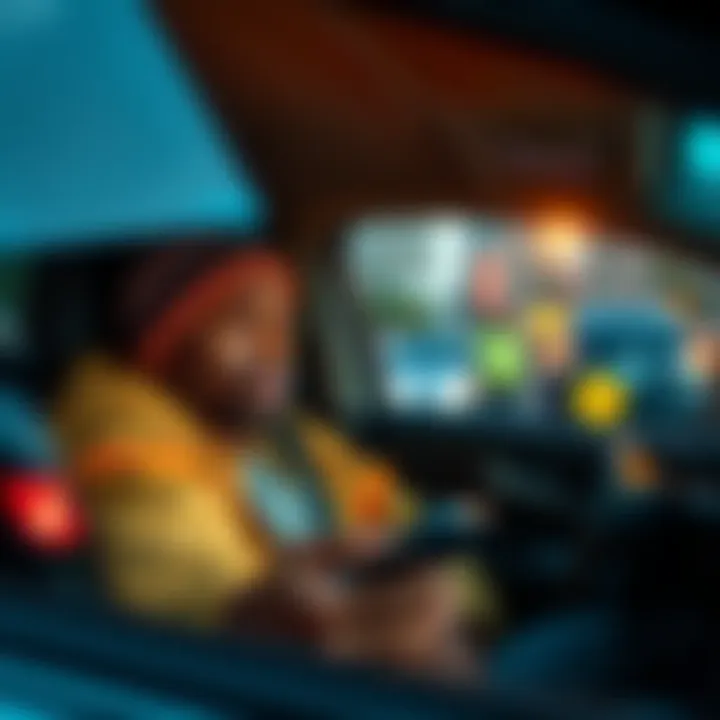 A concerned tourist sitting in a car with a fake Uber driver, looking anxious as money is shown on a phone screen