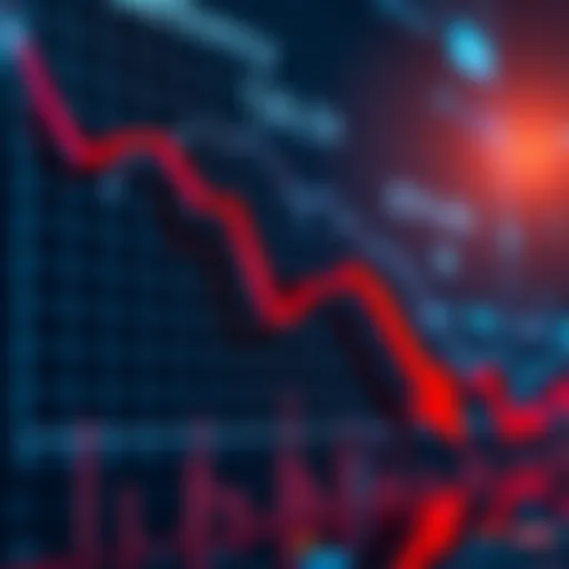 A graph showing a sharp decline in cryptocurrency value with a red downward arrow, representing major losses for investors. The chart illustrates the drastic drop in value, symbolizing caution for fut...