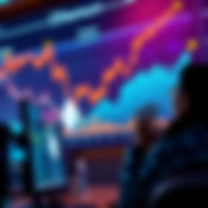 A stock market chart showing a downward trend in Ethereum prices, with worried investors looking at their screens.