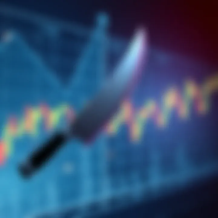 Graph showing a stock price sharply declining with a knife illustration indicating the risk of falling prices.