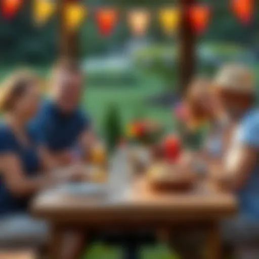A family gathered at a picnic table with flags and food, celebrating the 4th of July with smiles and polite expressions like 'please' and 'thank you'.