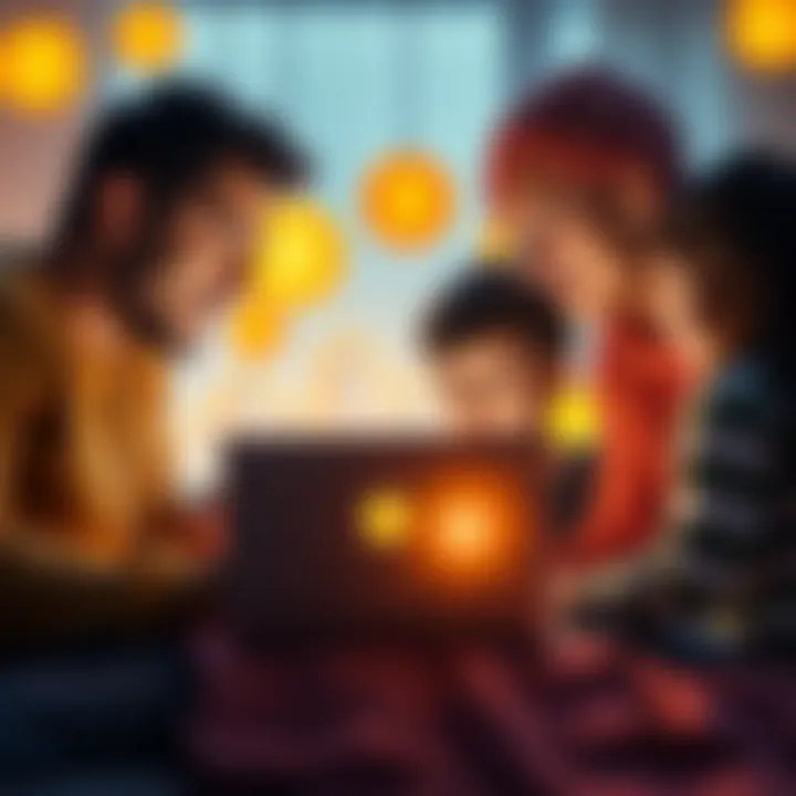 A family gathered around a laptop, engaged in learning about Bitcoin, with charts and cryptocurrency symbols visible on the screen.
