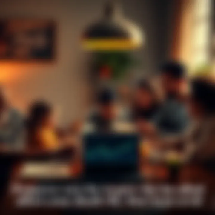 A family gathered around a table discussing how to manage cryptocurrency after a loved one passes away, with a laptop showing crypto charts.