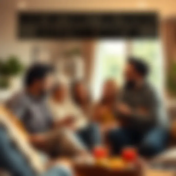 A group of family and friends sharing a light-hearted moment, laughing and enjoying each other's company in a cozy living room setting.