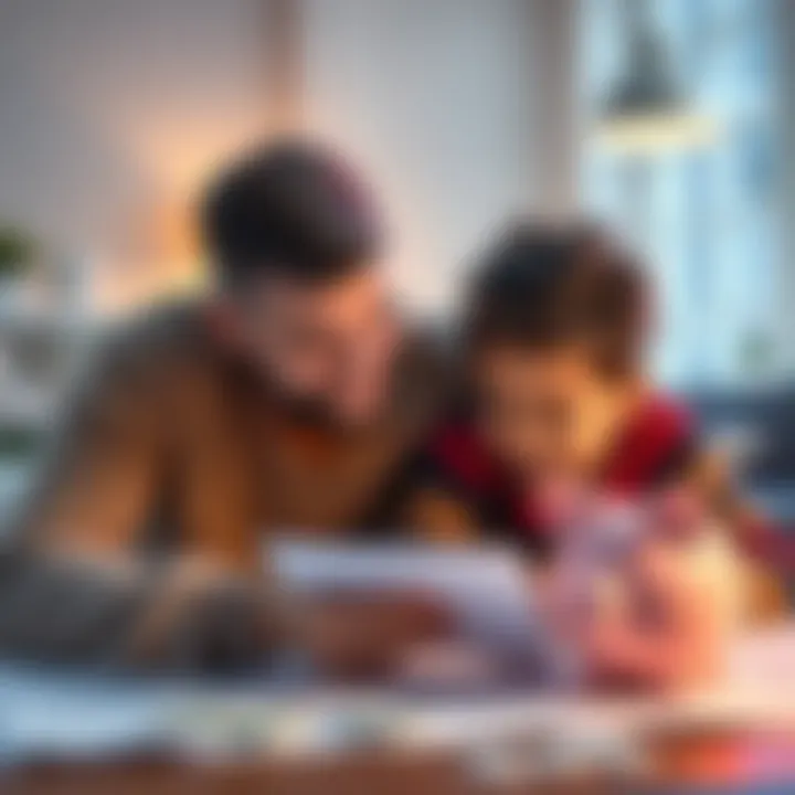 A parent and child looking at a savings chart together with a piggy bank nearby