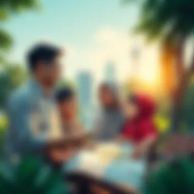 A family of three discussing their plans to leave Jakarta for a city with a better quality of life, surrounded by greenery and a map.