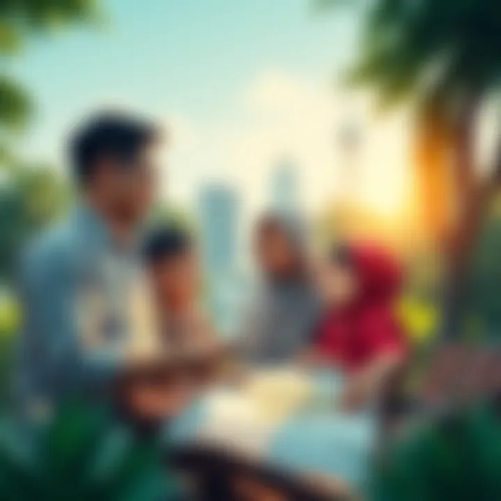 A family of three discussing their plans to leave Jakarta for a city with a better quality of life, surrounded by greenery and a map.