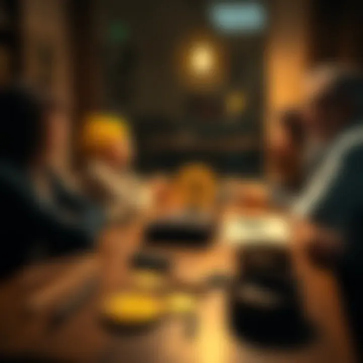 A family gathered around a table discussing how to manage Bitcoin inheritance, with a multi-signature wallet visible on the table.