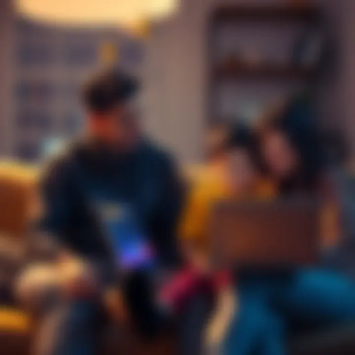A family sitting together, talking about Bitcoin and seed phrases, with a laptop open showing a cryptocurrency wallet.