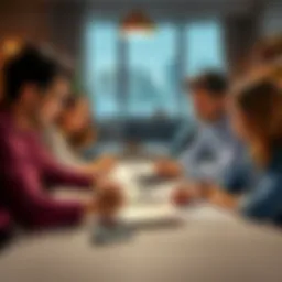 A family sitting around a table reviewing their monthly expenses and budget plans with a calculator and notebook.